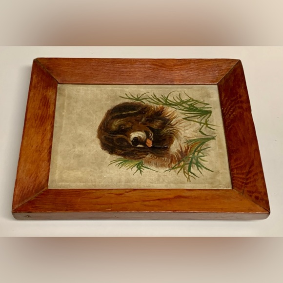 Antique Rustic Wooden Framed Oil on Canvas Portrait of Dog - Picture 5 of 11
